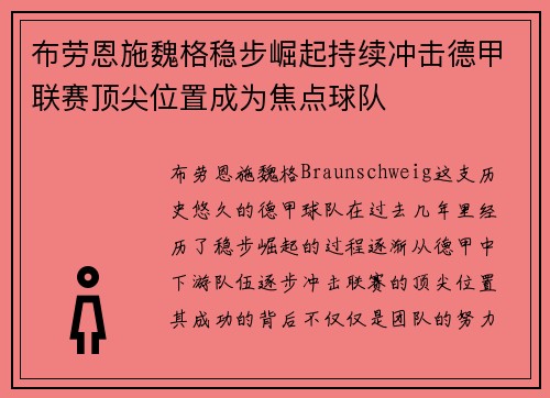 布劳恩施魏格稳步崛起持续冲击德甲联赛顶尖位置成为焦点球队